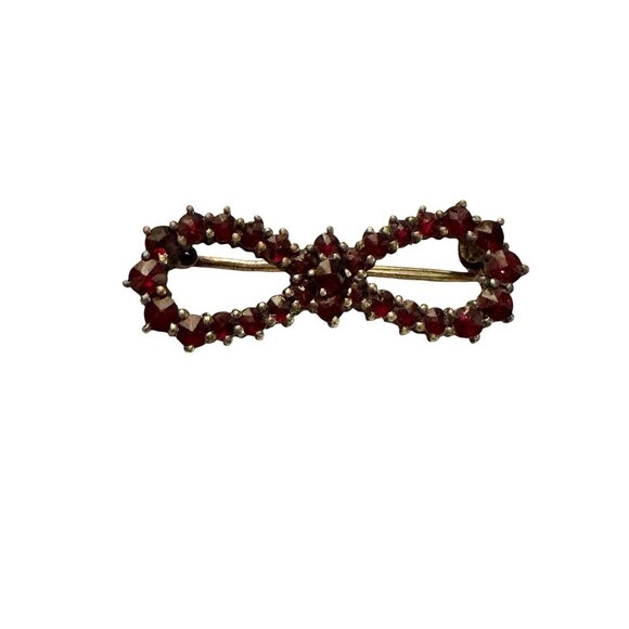 Antique Victorian Bohemian Garnet Rose Cut Garnets Bow Brooch Pin Gold Gilt - Picture 10 of 15